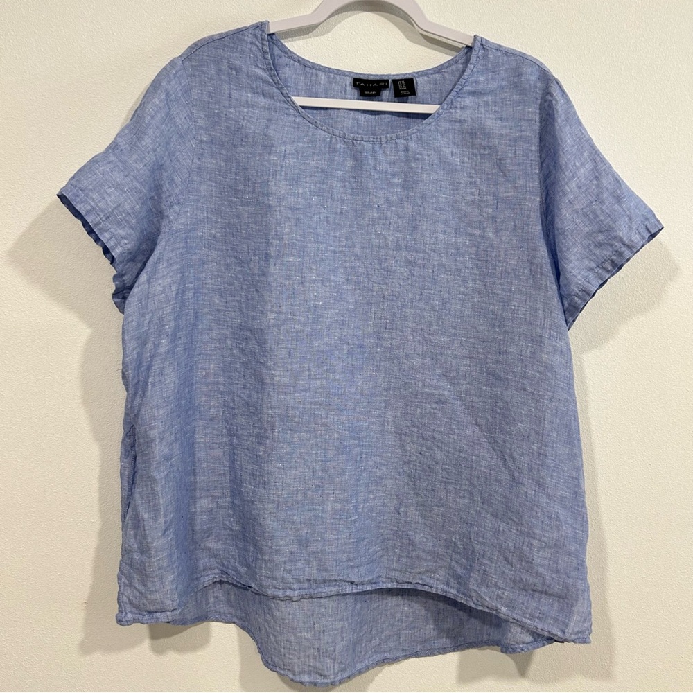 Tahari 100% Linen Light Blue Short Sleeve Lagenlook Coastal Nautical Top Size 1X